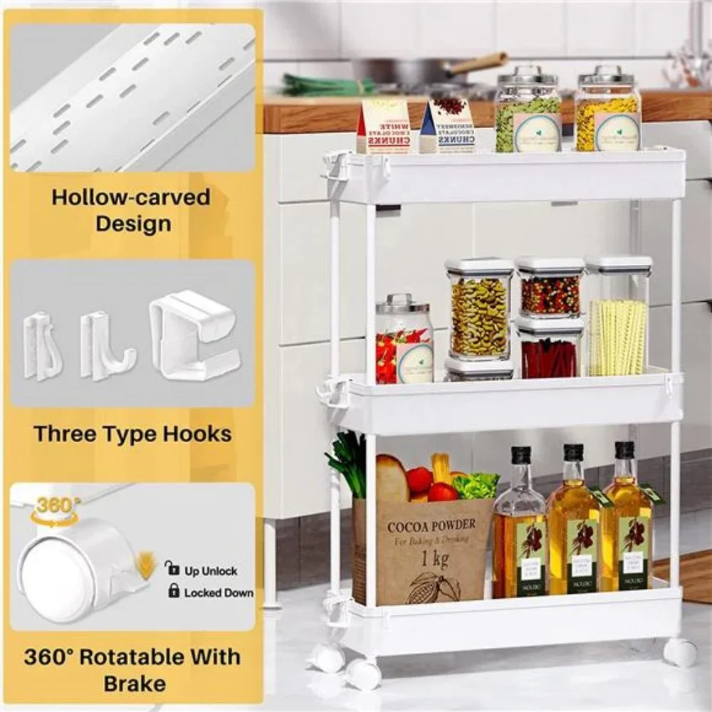 Slim Rolling Storage Cart, Laundry Room Organization, 3 Tier (White)